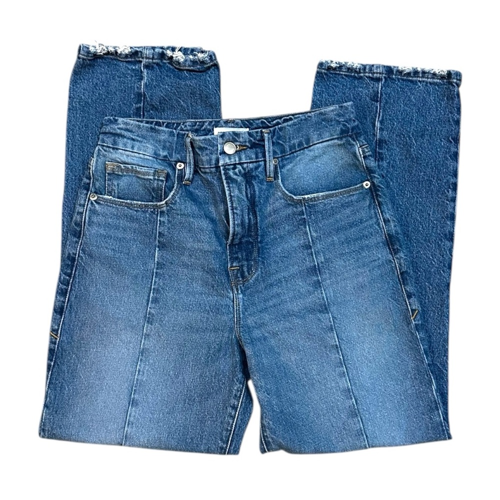 Good American High Waisted Pleated Blue Jeans Straight Leg